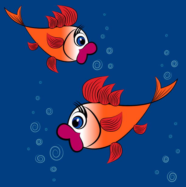Children's illustration, design, pattern - a pair of surprised goldfish with big red lips and huge eyes on a background of blue water and bubbles Children's illustration, design, pattern - a pair of surprised goldfish with big red lips and huge eyes on a background of blue water and bubbles. fish with big lips stock illustrations