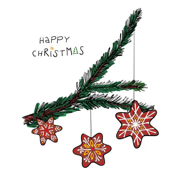 Vector illustration of Christmas tree with gingerbread cookies hanging and type 