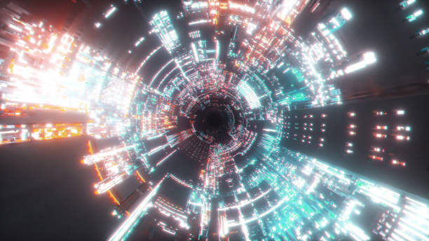 istock Flying into spaceship tunnel, sci-fi spaceship corridor. Futuristic technology abstract seamless VJ for tech titles and background. Motion graphic for internet, speed. 3d illustration 1185003198