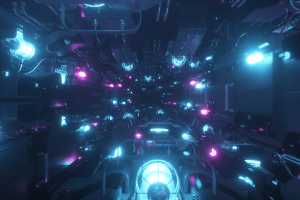 istock Flying into spaceship tunnel, sci-fi spaceship corridor. Futuristic technology abstract seamless VJ for tech titles and background. Motion graphic for internet, speed. 3d illustration 1185003204