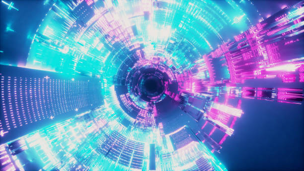 istock Flying into spaceship tunnel, sci-fi spaceship corridor. Futuristic technology abstract seamless VJ modern ultraviolet neon spectrum. Motion graphic for internet, speed. 3d illustration 1185003240