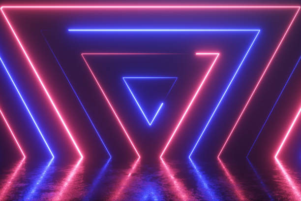 istock Abstract background from seamlessly appearing neon colorful triangles. Reflection in a scratched metal floor. Fluorescent ultraviolet modern light. 3d illustration 1185003304