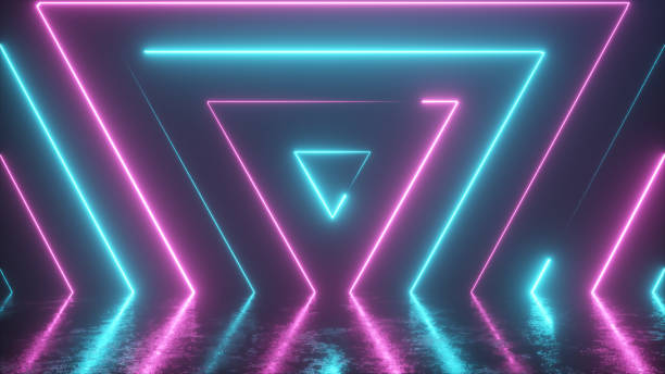 istock Abstract background from seamlessly appearing neon colorful triangles. Reflection in a scratched metal floor. Fluorescent ultraviolet modern light. 3d illustration 1185003307