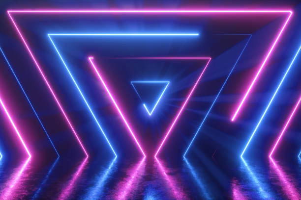 istock Abstract background from seamlessly appearing neon colorful triangles. Reflection in a scratched metal floor. Fluorescent ultraviolet modern light. 3d illustration 1185003311
