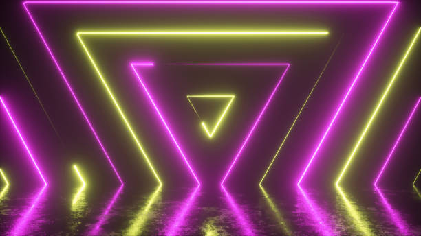 istock Abstract background from seamlessly appearing neon colorful triangles. Reflection in a scratched metal floor. Fluorescent ultraviolet modern light. 3d illustration 1185003315