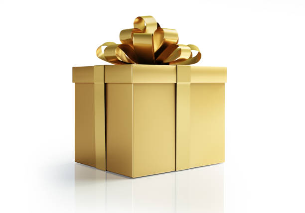 Golden Gift Box Golden Gift Box on white shiny background birthday present photos stock pictures, royalty-free photos & images