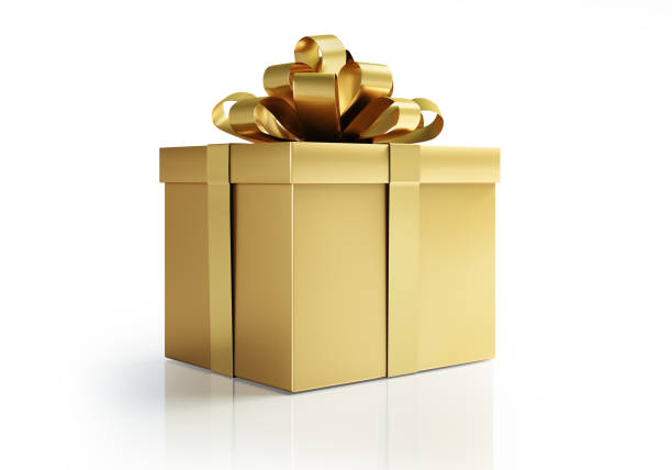 Golden Gift Box Golden Gift Box on white shiny background present box stock pictures, royalty-free photos & images