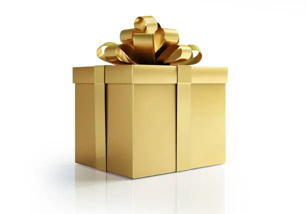 Golden Gift Box on white shiny background
