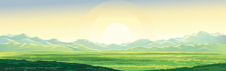 Summer mountain landscape, dawn over the valley, elongated format.