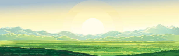Summer mountain landscape Summer mountain landscape, dawn over the valley, elongated format. plateau concept stock illustrations