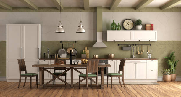 istock Retro style kitchen with wooden dining table 1185006736