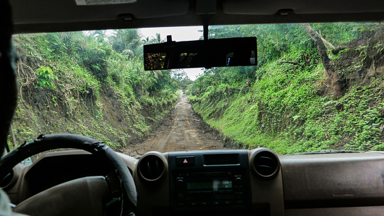 POV: Sitting in the back seat of an old jeep and exploring rainforest in the untouched wilderness of Vanuatu. Cool shot of driving along a mud road leading through the lush green jungle in the Pacific