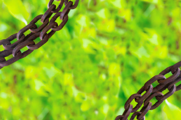 frame border chain old rusty rings grunge parallel on light green background