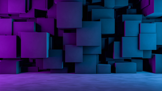 3d rendering of abstract concrete cubes. Architecture concept. Neon Lights.