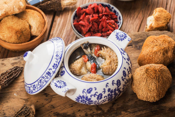 Hericium mushroom black chicken stew, Chinese cuisine