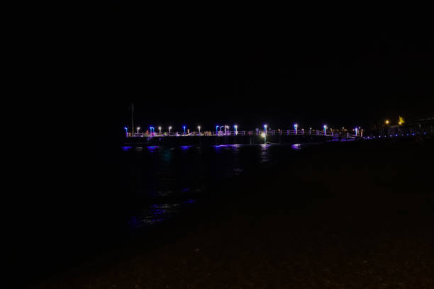Sea pier at night. Mediterranean Sea. Kemer, Turkey.
