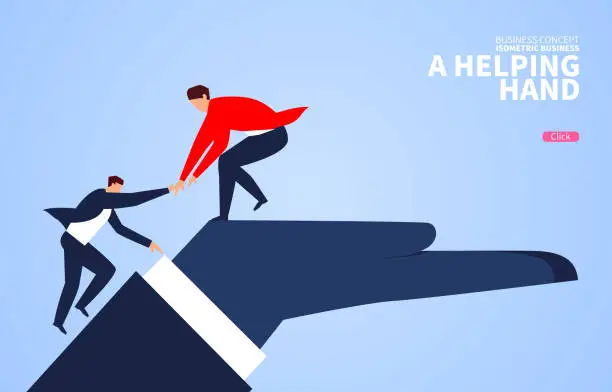 Vector illustration of Helping hand, businessman helps companion climb to the giant hand