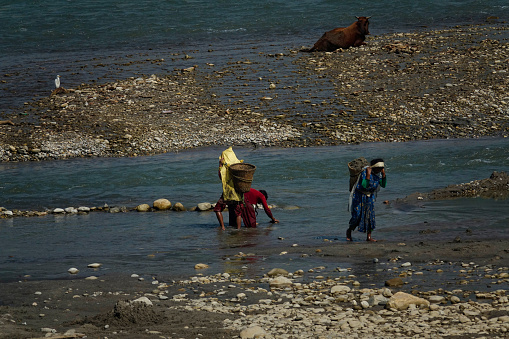 Local Nepalese women carry mud dug up from the shallow river in the weaved baskets. Two peasants digging up mud from the cold mountain stream to supply a construction site with building material.