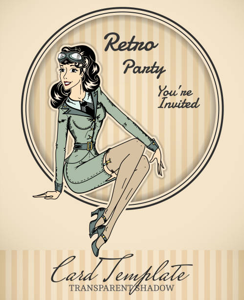 pin-up classic pilot sexy girl Vintage card template with pin-up classic pilot sexy girl 3d paper effect vector illustration 40s pin up girls stock illustrations
