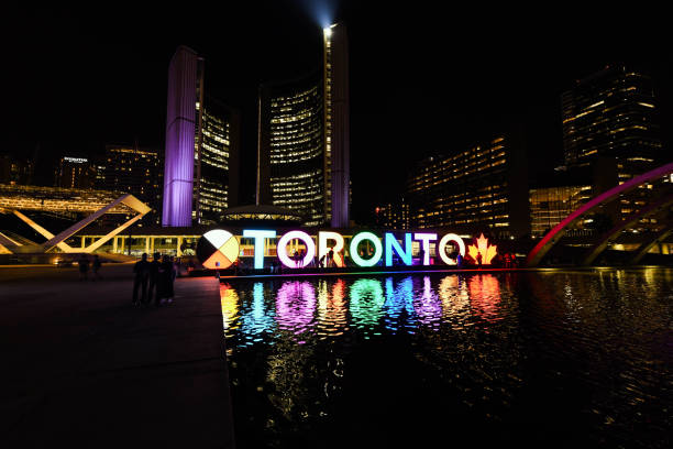 Night view of Toronto City Hall, or New City Hall in Toronto, Ontario, Canada stock photo