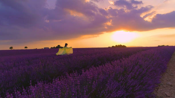 istock Woman lets her scarf billow in gentle wind while standing in lavender field. 1185019944