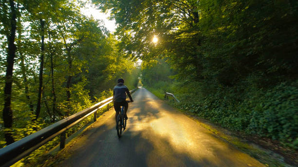 istock DRONE: Flying behind unrecognizable man riding his bicycle along empty road. 1185019952