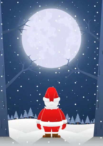 Vector illustration of Santa claus standing alone on christmas night with big moon