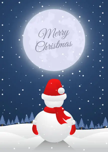 Vector illustration of Snowman standing alone on christmas night with big moon