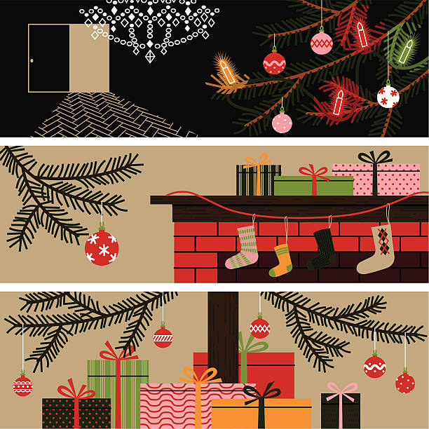 Christmas banners. Banners with fragments of festive interiors. christmas stocking background stock illustrations