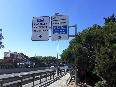 8th October 2019, Spain. Motorway road signs in Calahonda, Spain for the following towns: Marbella, Estepona, Calahonda, Algeciras and Malaga. No translation required as all place names on signs.