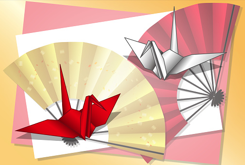 Folding fan and crane origami postcard 07