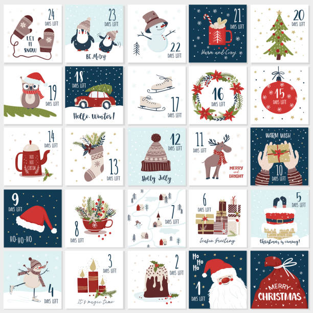 ilustraciones, imágenes clip art, dibujos animados e iconos de stock de calendario de adviento de dibujos animados de navidad. cuenta atrás hasta el kit de navidad - holiday card