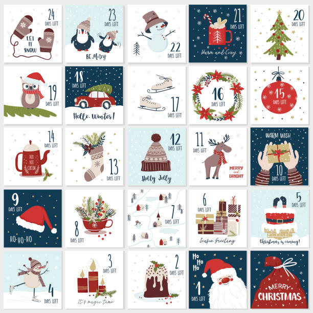 ilustrações, clipart, desenhos animados e ícones de calendário do advento dos desenhos animados do natal. contagem regressiva até o jogo do natal - advent calendar christmas number red