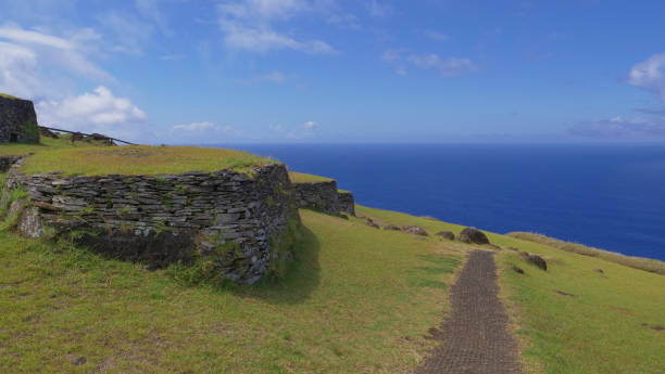 istock DRONE: Path runs past village with grass covered stone houses on exotic island. 1185028162