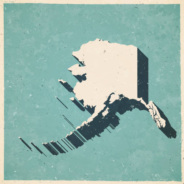 Map of Alaska in a trendy vintage style. Beautiful retro illustration with old textured paper and a black long shadow (colors used: blue, green, beige and black). Vector Illustration (EPS10, well layered and grouped). Easy to edit, manipulate, resize or colorize.