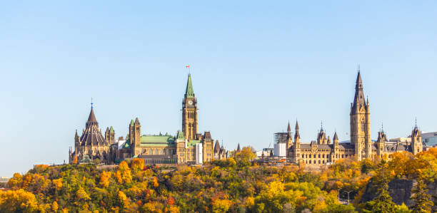 Canadian Parliament Buildings from the West A view of Parliament Hill in Ottawa, Canada from the West shows the famous landmarks at this historic site, including the library and Peace Tower of Centre Block and Mackenzie Tower of West Block. parliament hill ottawa stock pictures, royalty-free photos & images