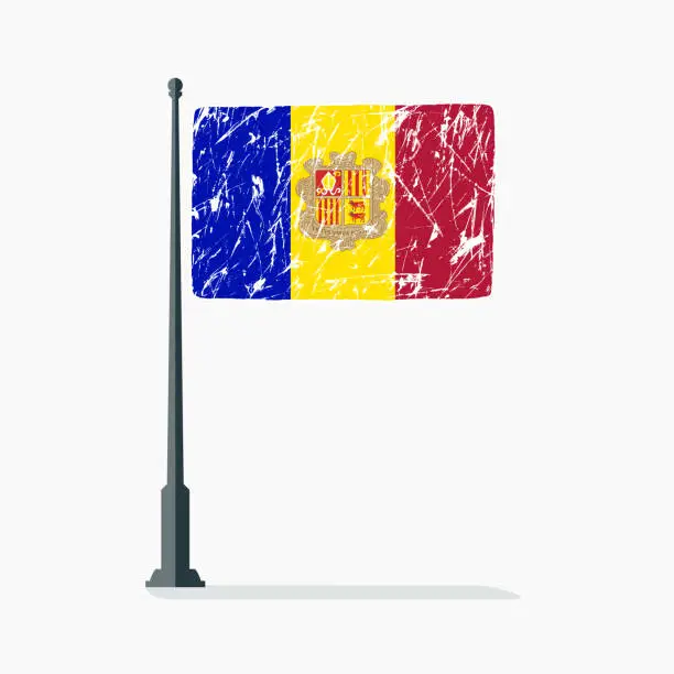 Vector illustration of Andorran flag with scratches, vector flag of Andorra on flagpole with shadow.