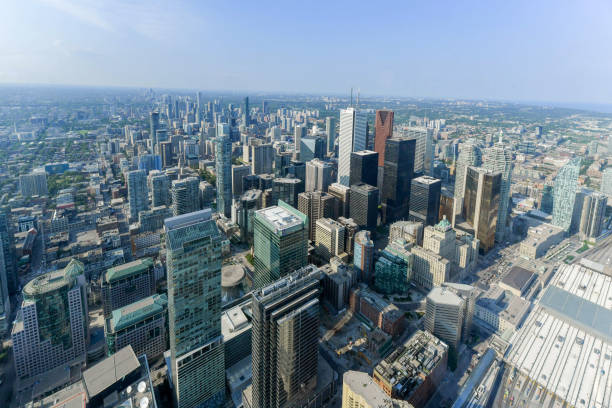 Aerial view of Toronto City Skyscrapers, Looking  toward East York and Scarborough districts in summer, Union Station at bottom right. Toronto City, Ontario, Canada Toronto City, Ontario, Canada - 6 Aug 2019 -  Aerial view of Toronto City Skyscrapers, Looking toward East York and Scarborough districts in summer, Union Station at bottom right. Toronto City, Ontario, Canada toronto international film festival stock pictures, royalty-free photos & images