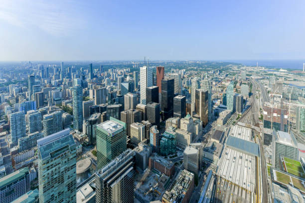 Aerial view of Toronto City Skyscrapers, Looking  toward East York and Scarborough districts in summer, Union Station at bottom right. Toronto City, Ontario, Canada Toronto City, Ontario, Canada - 6 Aug 2019 -  Aerial view of Toronto City Skyscrapers, Looking toward East York and Scarborough districts in summer, Union Station at bottom right. Toronto City, Ontario, Canada toronto international film festival stock pictures, royalty-free photos & images