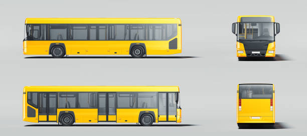 Modern yellow realistic coach buses isolated on gray background. different views. 3d rendering.