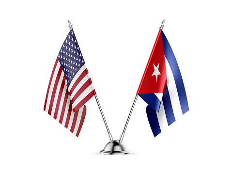 Desk flags, United States  America  and Cuba, isolated on white background. 3d image