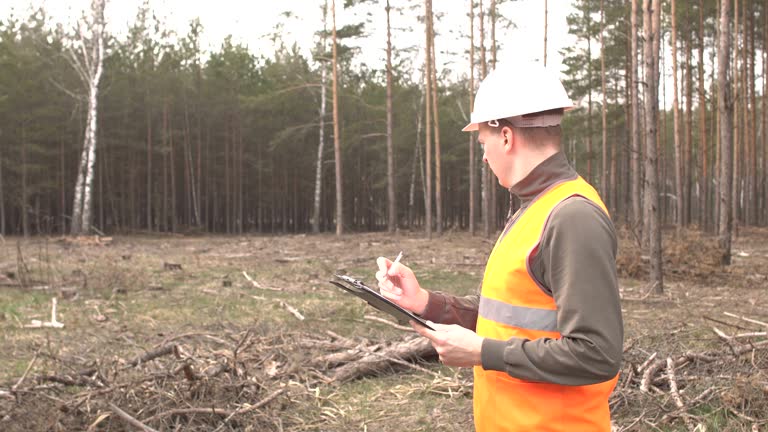 A young caucasian male inspector writes down a forest and deforestation, landscape