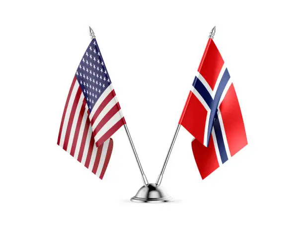 Photo of Desk flags, United States  America  and Norway, isolated on white background. 3d image