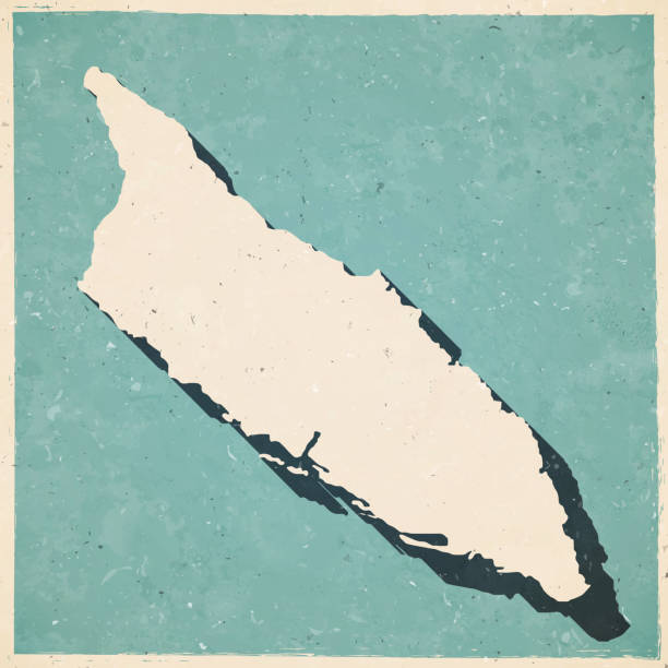 Map of Aruba in a trendy vintage style. Beautiful retro illustration with old textured paper and a black long shadow (colors used: blue, green, beige and black). Vector Illustration (EPS10, well layered and grouped). Easy to edit, manipulate, resize or colorize.