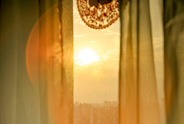 istock Curtain and paper-cut in sunrise background 1185046308
