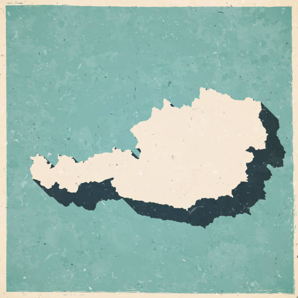 Map of Austria in a trendy vintage style. Beautiful retro illustration with old textured paper and a black long shadow (colors used: blue, green, beige and black). Vector Illustration (EPS10, well layered and grouped). Easy to edit, manipulate, resize or colorize.