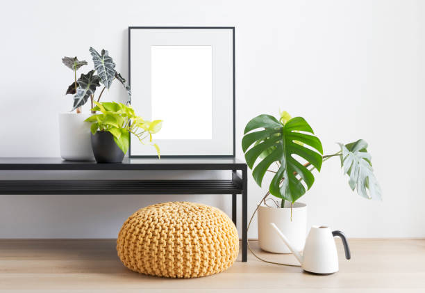 blank picture frame surrounded by modern indoor plants bright living room with plant table, houseplants, pouf and blank picture frame, copy space monstera photos stock pictures, royalty-free photos & images
