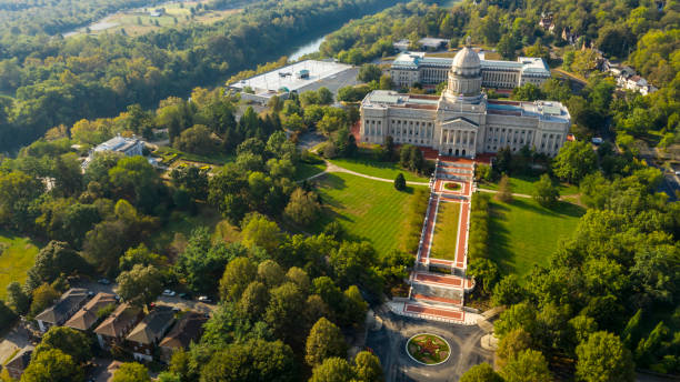 Aerial View Isolated on the State Capital Capitol Building Frankfort Kentucky Colorful landscaping on the grounds at the capitol statehouse in Frankfort Kentucky USA rotunda photos stock pictures, royalty-free photos & images