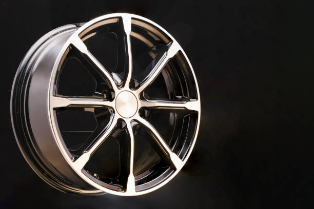 istock multi-spoke aluminum alloy wheels, black with polished front. Close-up, Studio photography. copy space right 1185059607