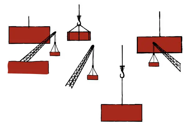 Vector illustration of Cranes and loads. Fragments of construction equipment. Humor. Stylization. Vector illustration.